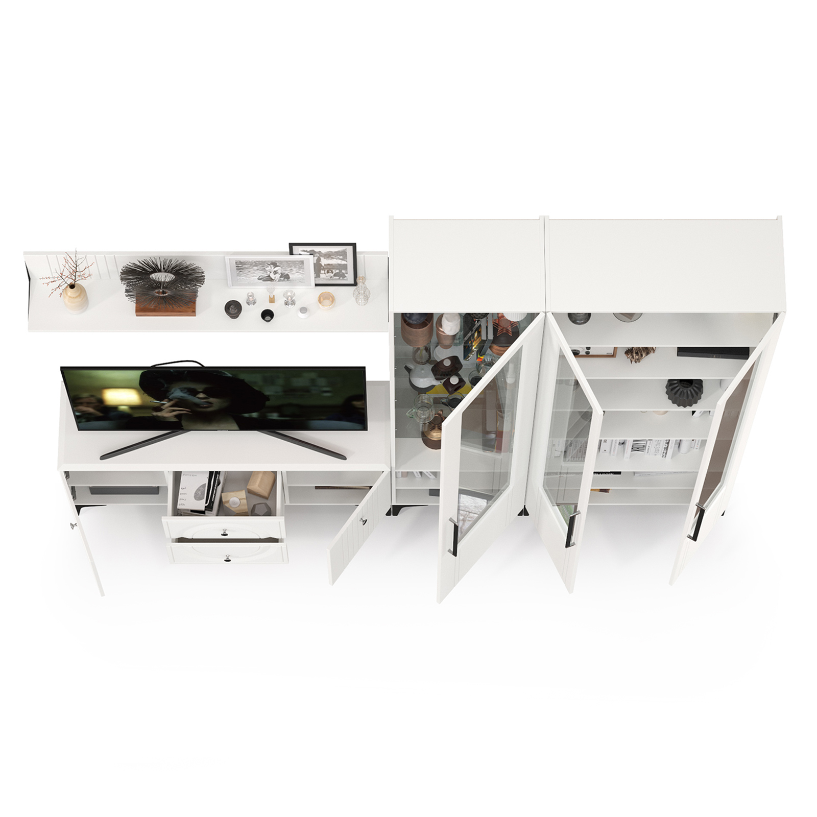 Гостиная Валенсия  № 077, цвет ЛДСП белый шагрень/МДФ белый шагрень, ШхГхВ 272,2х38,3х225,2 см., универсальная сборка