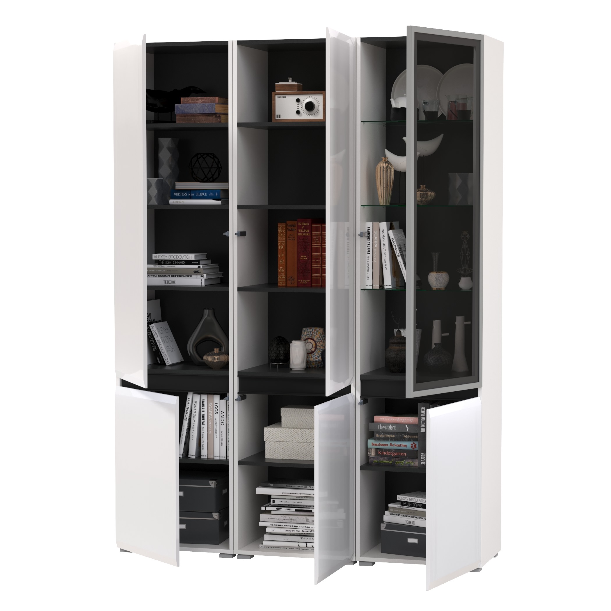 Сидней 13.200 Шкаф 2 штуки + Шкаф-витрина 13.201, цвет корпус: белый/чёрный/фасады: МДФ белый глянец/стекло, ШхГхВ 150х41,3х205,2 см., универс. сб.